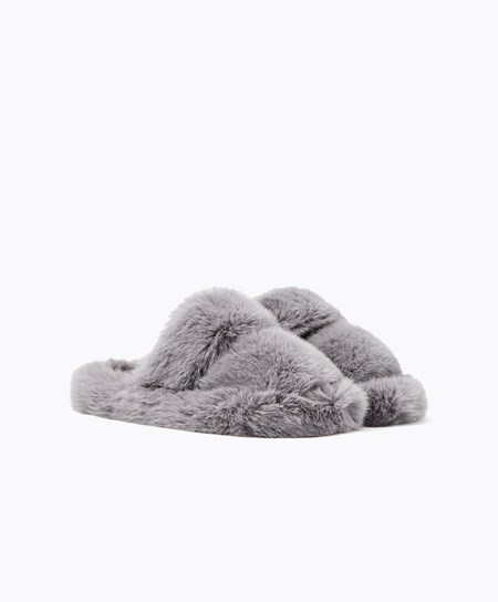 Oysho Syntetyczna Fur Double Paskiem Sandals Szare | 309286PJI