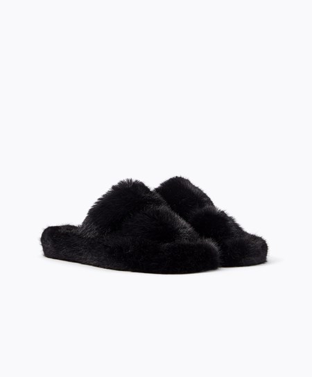 Oysho Syntetyczna Fur Double Paskiem Sandals Czarne | 619230JFL