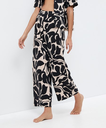 Oysho Tropical Bawełniane/Linen Szerokie-leg Trousers Czarne | 583091WQE