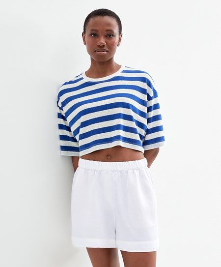 Oysho W Paski Linen Krótkie-sleeved Crop T-shirt Niebieskie | 741259UQC
