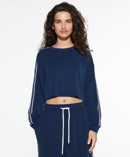Oysho W Paski Modal Crop Sweatshirt Granatowe Niebieskie | 028763ZFO