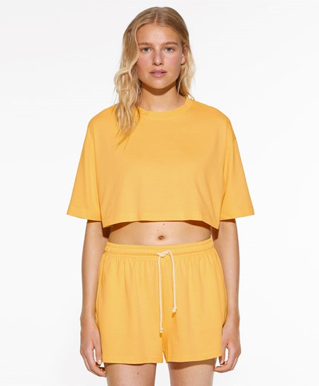 Oysho Washed 100% Bawełniane Crop T-shirt Mid-yellow | 807651XSL