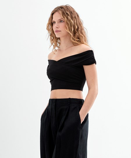 Oysho Wrap Off-shoulder Top Czarne | 206895BQR
