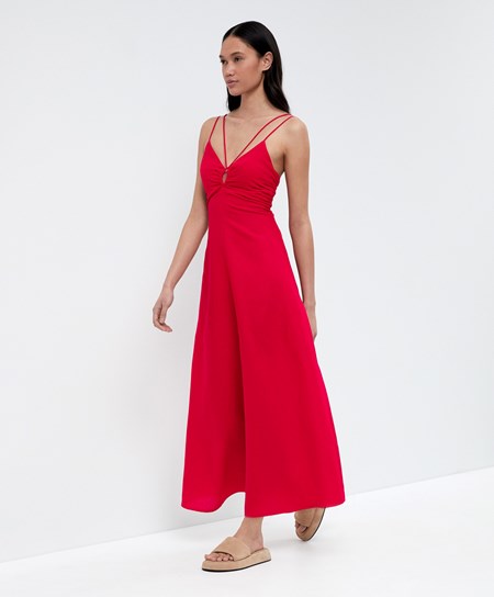 Oysho Z Paskami Linen Midi Sukienki Czerwone | 053129MYI
