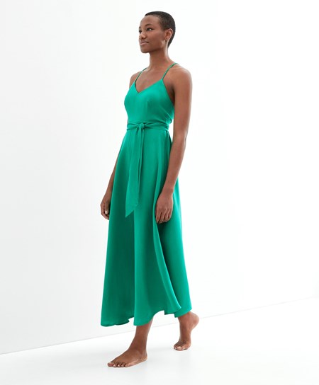 Oysho Z Paskami Linen Midi Sukienki Zielone | 701489PDM
