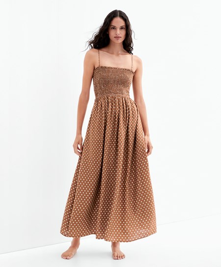 Oysho Z Paskami Ruched Polka Dot Sukienki Caramel | 085913RWO