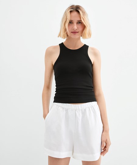 Oysho Żebrowany Vest Top Czarne | 205374UZN